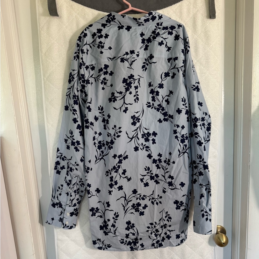 Lands' End Light Blue Top with Navy Floral Pattern